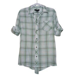Affliction Button Up Top Women's Size XS Plaid Pocket White Mint Green NEW NWT